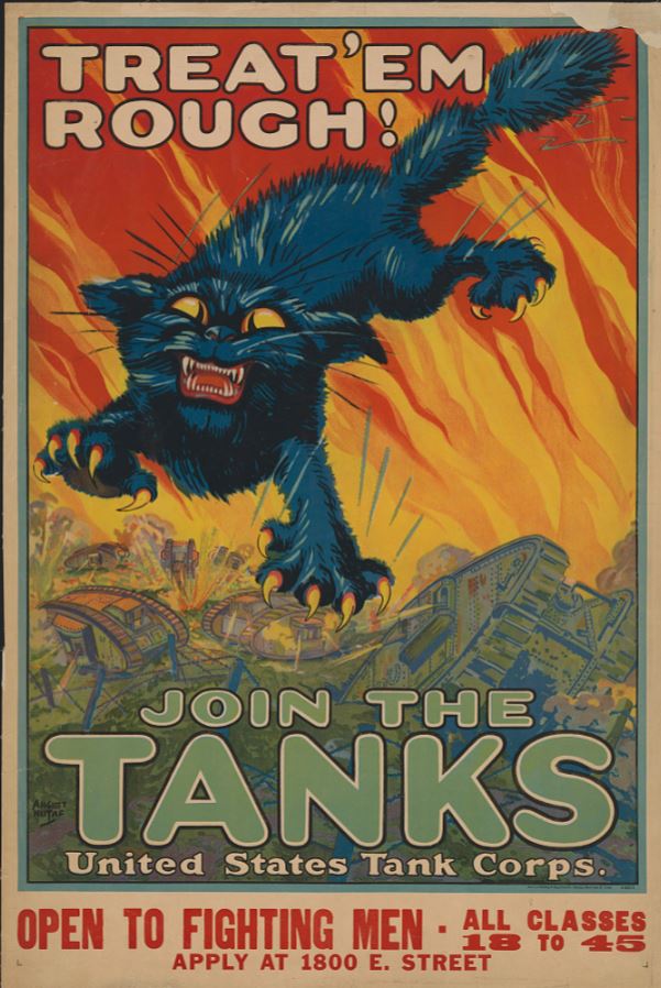 Recruiting poster for the U.S. Tank Corps featured a tough-looking black cat.