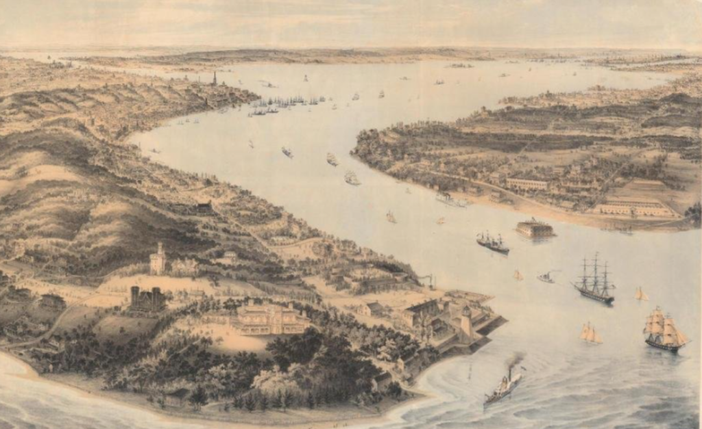 Fort Lafayette is visible (center right) in the 1854 illustration of the Narrows.
