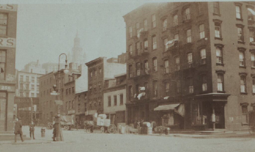 The north side of Peck Slip between Water and Pearl Streets. 