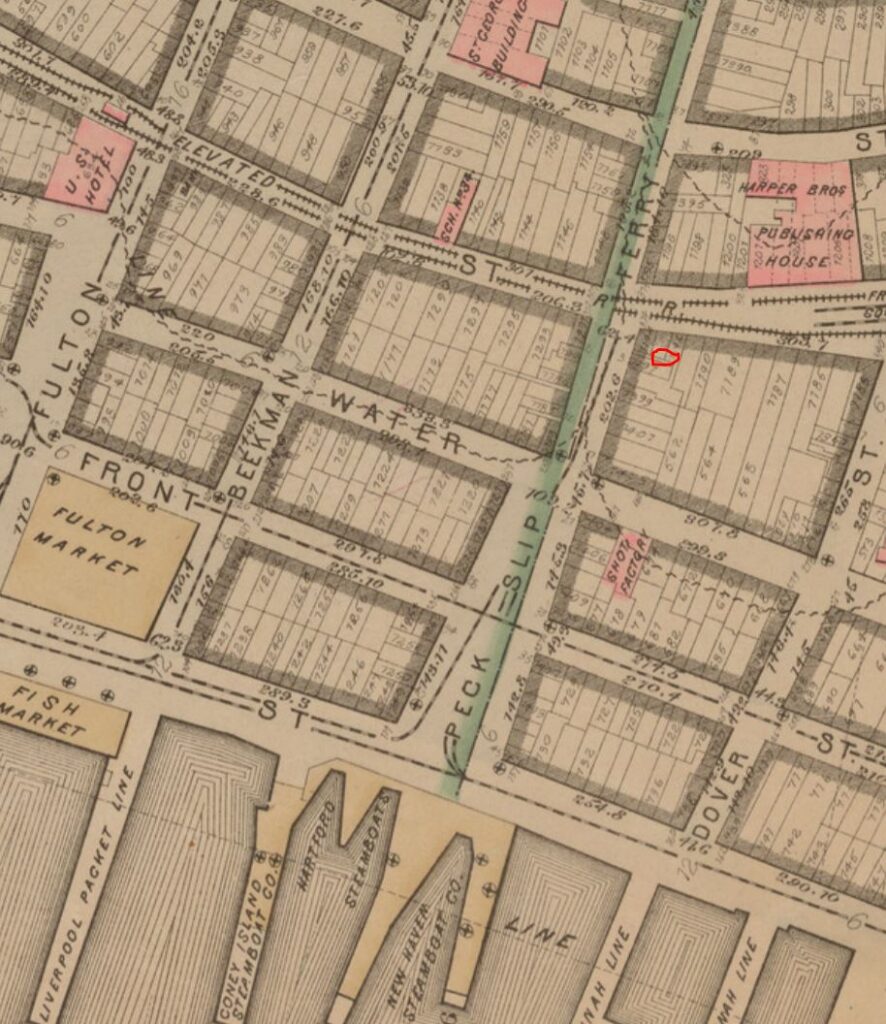 1 Peck Slip is denoted by the red circle on this 1878 map. NYPL Digital Collections