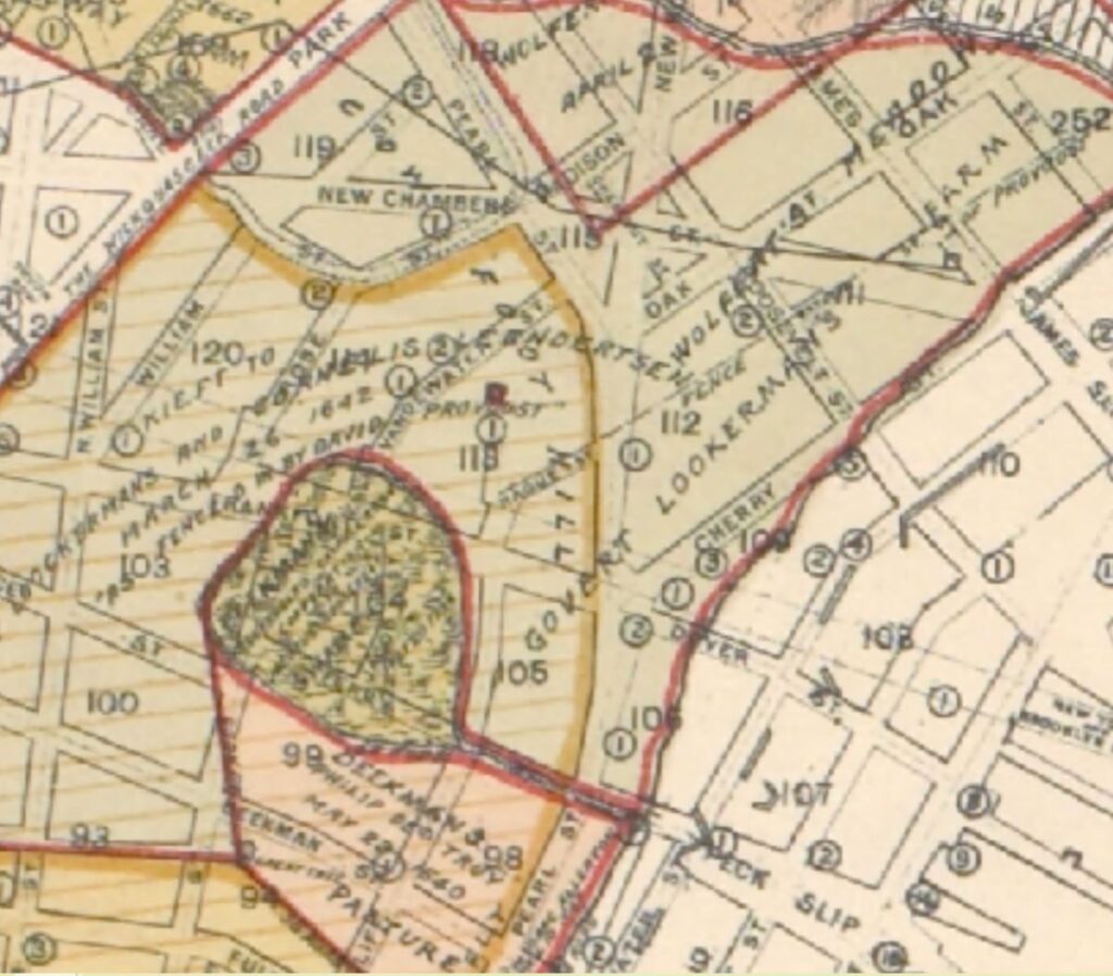 Beekman's Swamp, Beekman's Pasture, and Loockerman's Farm are noted on this old map of original grants and farms of Manhattan. NYPL Digital Collections. 