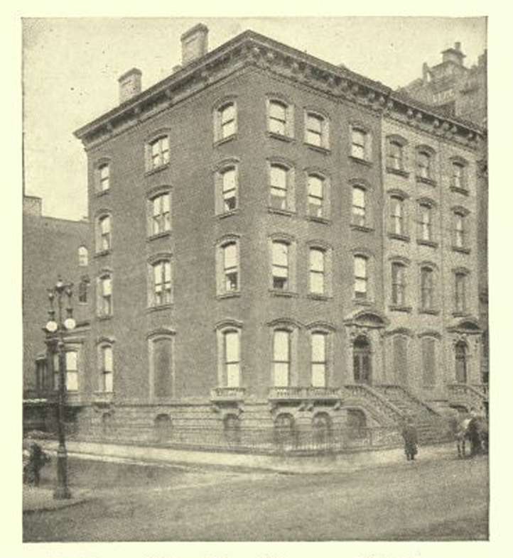 The townhomes of Dr. and Mrs. Bell and Mrs. Albert Bierstadt at 320 (corner building) and 322 Fifth Avenue. 