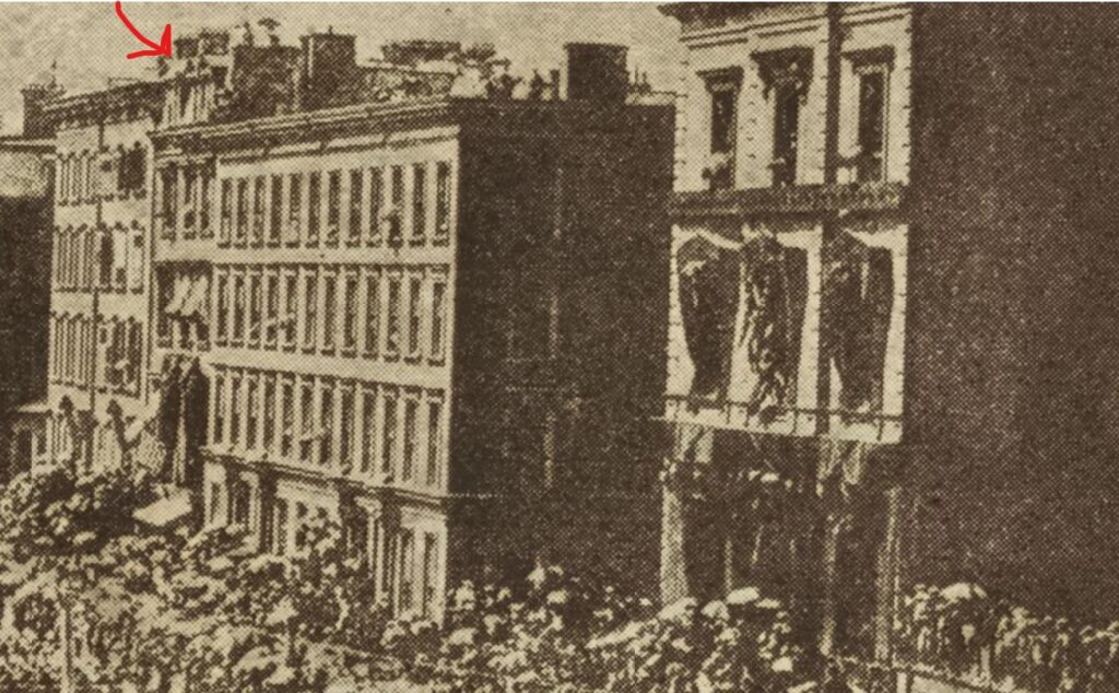 Charlotte Astor's house at 324 Fifth Avenue; the townhomes of Dr. and Mrs. Bell and Mrs. Albert Bierstadt are to the left at 320 and 322 Fifth Avenue. On the far right is the home of John Jacob Astor
